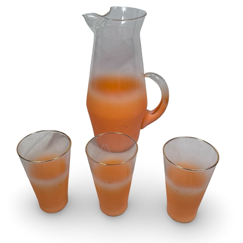Vintage Blendo Orange Tangerine Glass Pitcher 3 Tumbler Set Gold Rim MCM